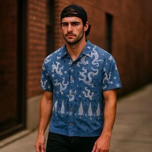 K.A.D. Dragon Print Shirt Men’s L | Blue Cotton Festival Streetwear Y2K Button U